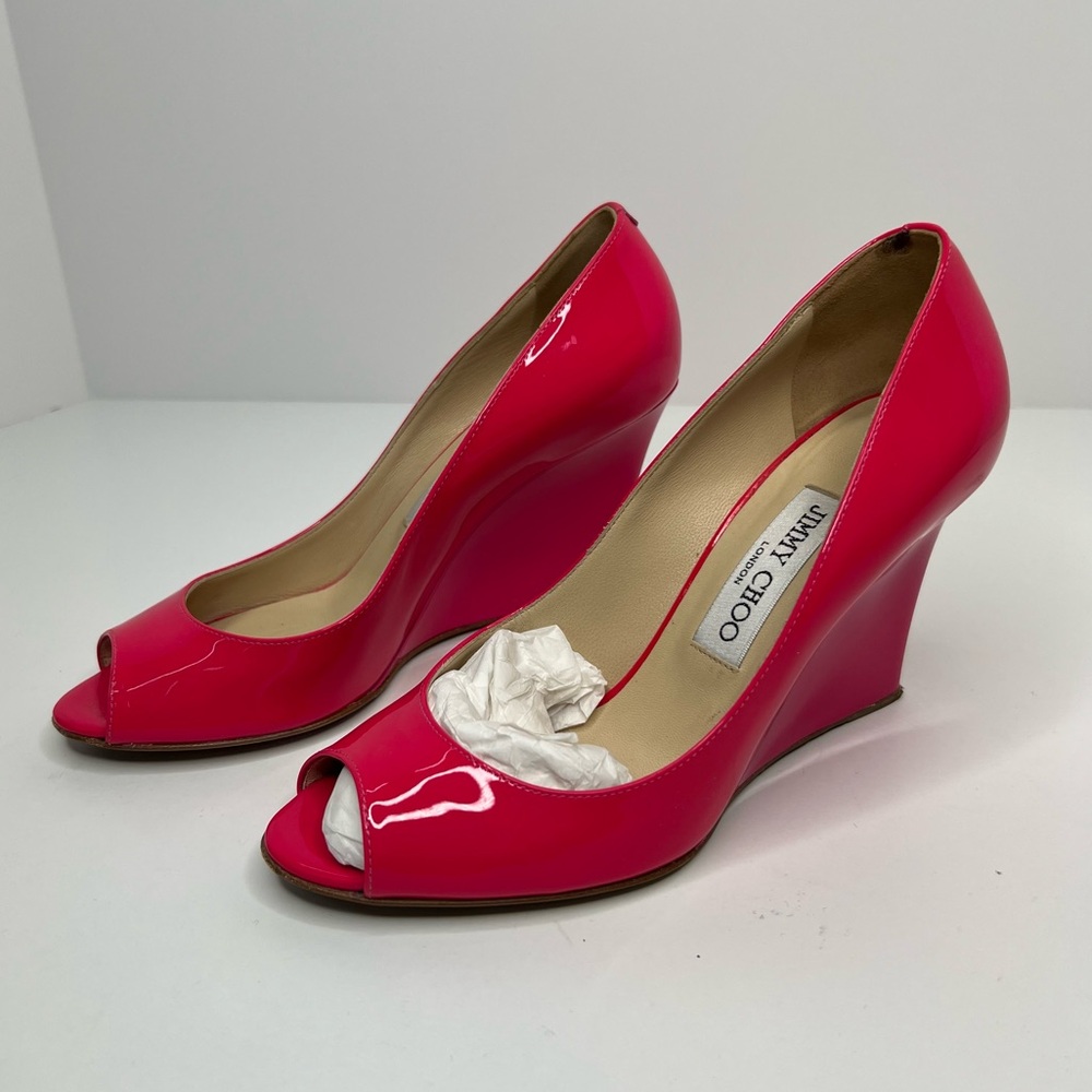 Jimmy Choo Pink Red Patent Leather Peep Toe Wedges Heel